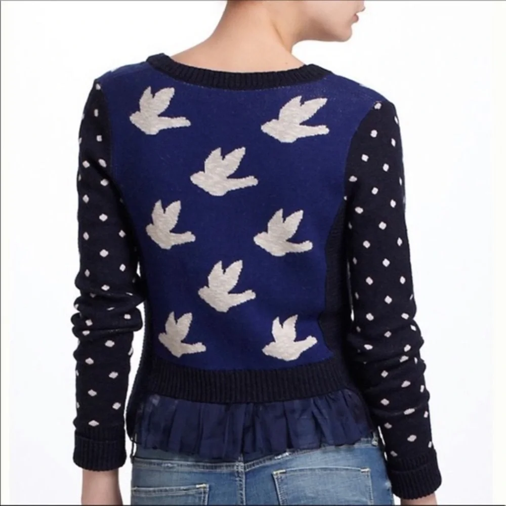 Anthropologie Leifnotes Blue Ruffled Flight Bird Button Front Sweater Cardigan - Picture 2 of 8